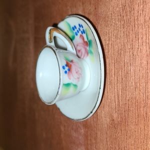 Vintage Mini Tea Cup & Saucer Hand Painted with Pink Roses 2-1/4" mid-20th C